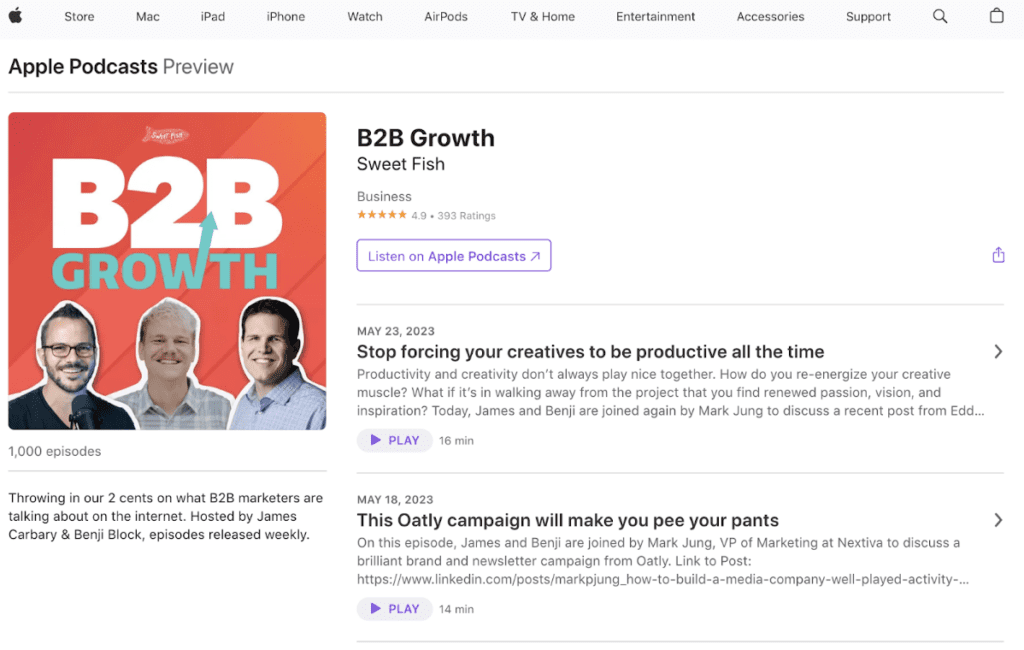 B2B Growth by Sweet Fish Apple Podcasts Preview page