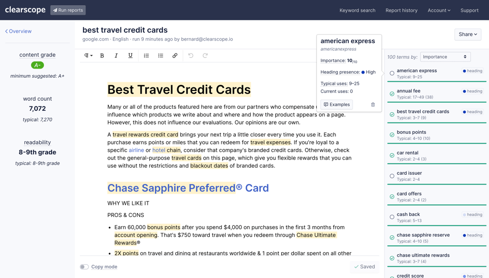 clearscope Best Travel Credit Cards Page